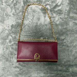 Salvatore Ferragamo Gancini Saffiano Leather Chain Wallet Burgundy Gold